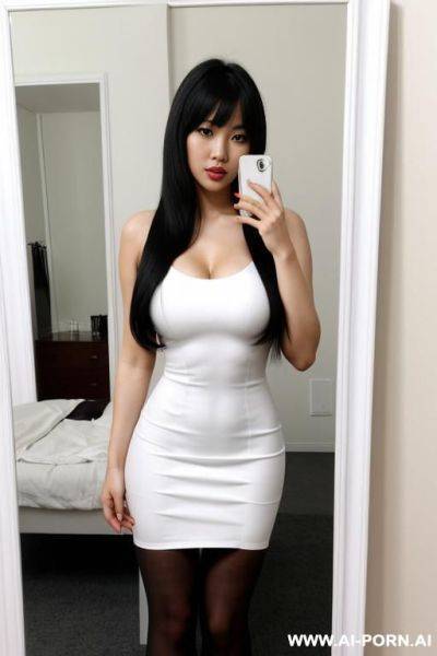 1 asian woman; short dress; white dress; white high heels; bedroom; big tits; perfect body; horny fase; full body picture; selfie in mirror; standing in front of the mirror; black hair; long hair; white tights - ai-porn.ai on pornintellect.com