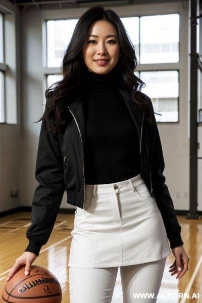 Pretty, japanese, 30, flowing wavy hair, dark brown hair, slight smile, makeup, eye shw, standing, spreading legs, jeans, turtleneck, walled garden background. - ai-porn.ai - Japan on pornintellect.com