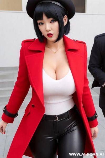 One woman dressed in a red overcoat with a dark shirt and dark pant with black boots. she has short black hair covering her ears and a black beret. big boobs, big ass, curvy, serious, japanese, square bob haircut, twenty years old - ai-porn.ai - Japan on pornintellect.com