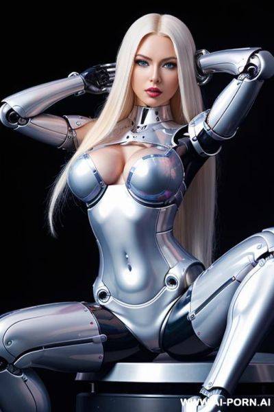 Robotic cyborg female total meccanic body woman with long platinum blonde hair and black glossy latex threads, glowing blue robotic eyes, and a light natural pink complexion. her body is entirely - ai-porn.ai on pornintellect.com