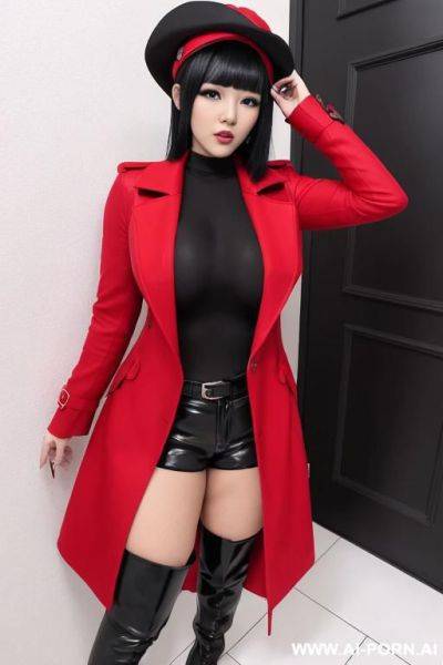One woman dressed in a red overcoat with a dark shirt and dark pant with black boots. she has short black hair covering her ears and a black cap. big boobs, big ass, curvy, serious, japanese - ai-porn.ai - Japan on pornintellect.com