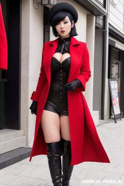 One woman dressed in a open red overcoat with a dark shirt and dark pant with black boots. she has short black hair covering her ears and a black beret. big boobs, big ass, curvy, serious, japanese, square bob haircut, twenty years old - ai-porn.ai - Japan on pornintellect.com