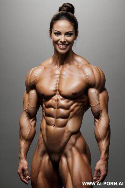 (home background), view increasing muscle size and definition, (naked), (nude), (shortest most muscular woman only), (white pallid skin). hard & pallid, ((extremely beautiful gaunt womans face with - ai-porn.ai on pornintellect.com