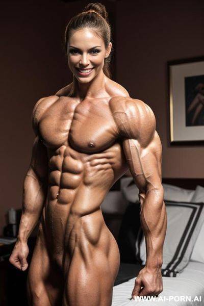 (bedroom background), view increasing muscle size and definition, (naked), (nude), (shortest most muscular woman only), (white pallid skin). hard & pallid, ((extremely beautiful gaunt womans face with - ai-porn.ai on pornintellect.com