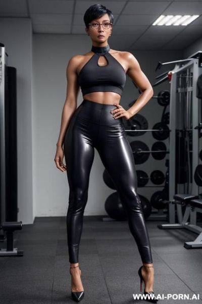Hot sexy tall rusian woman dark skin huge tits pixie haircut very high heels glasses naked choke collar firm hard round ass gym pants (on her knees) cumshot - ai-porn.ai on pornintellect.com