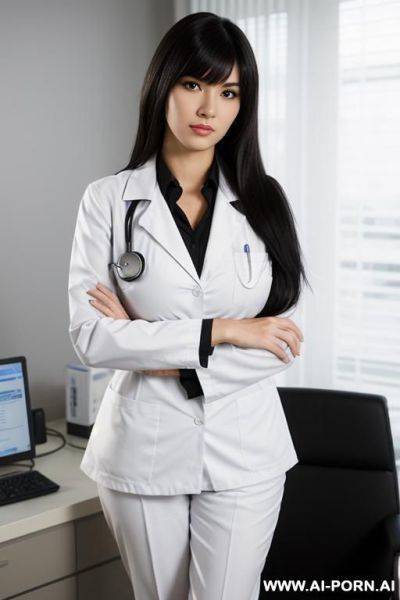 One woman, 20 years old, mid-length black hair, black eyes, svelte, big saggy boobs, wispy bangs, hospital, - ai-porn.ai on pornintellect.com