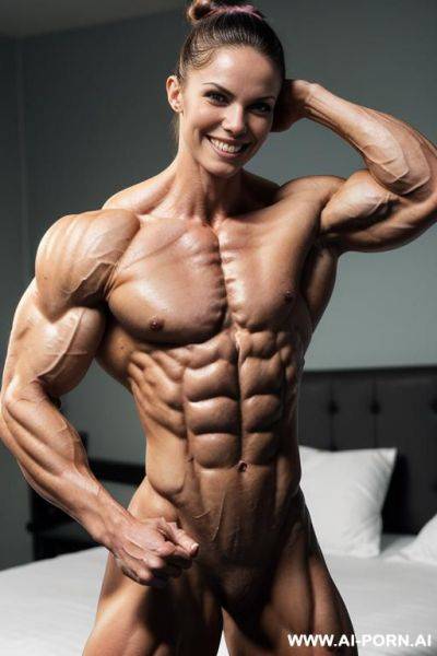 (bedroom background), view increasing muscle size and definition, (naked), (nude), (shortest most muscular white woman only), ((very white pallid skin)), ((hard erotic pink rosy nipples)), hard & - ai-porn.ai on pornintellect.com