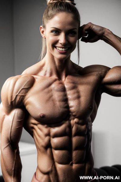 (bedroom background), view increasing muscle size and definition, (naked), (nude), (shortest most muscular white woman only), ((very white pallid skin)), (pink nipples), hard & pallid, ((extremely - ai-porn.ai on pornintellect.com