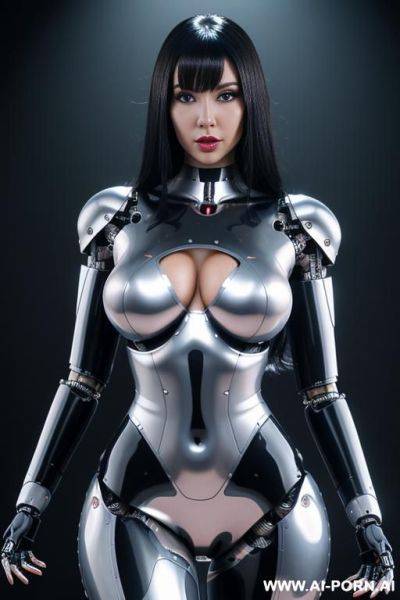 (robot-cyborg total artificial body robot woman) with long black hair and black glossy gold metall latex threads, glowing blue robotic eyes, and a light natural pink complexion. her body is - ai-porn.ai on pornintellect.com