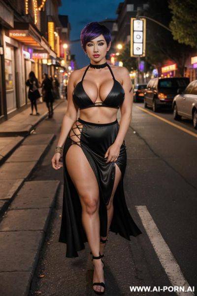 Pornstar bimbo, hourglass body, bimbo lips, gigantic fake tits, teapered waist, cumslut milf, curvy body, sexy bimbo face, full body view, ((keep face)), ((keep body)), halloween night, halloween suburban neighborhood, - ai-porn.ai on pornintellect.com