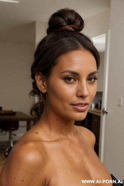 Extremely tanned mature brunette with brown hair tied on top - ai-porn.ai on pornintellect.com