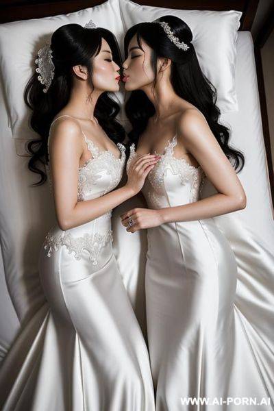 2 korean idol wear wedding dress and kissing on bed, bride, 2 womans are pressing each other and kissing on the bed , lay on bed, traditional chinese wedding dress - ai-porn.ai - North Korea - China on pornintellect.com