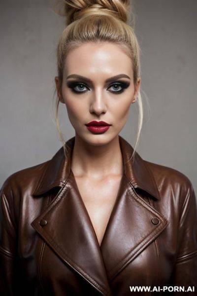 Leather coat, beautiful, model, makeup - ai-porn.ai on pornintellect.com