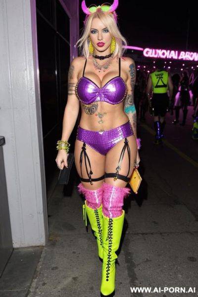 Blond milf going to a rave party in colourful outfit with many accessories and boots tattoos on right arm - ai-porn.ai on pornintellect.com