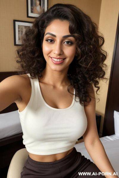 White sleeveless crew neck shirt, joggers pants, (gorgeous), beautiful eyes, (big full lips), big nose, (beautiful), (lean) (photorealistic) (tanned dark egyptian ), (ultra detailed photo), (hyper realistic photo), (busty) - ai-porn.ai - Egypt on pornintellect.com
