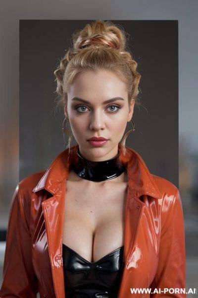 Red latex coat, beautiful, fashion model, bimbo, makeup - ai-porn.ai on pornintellect.com
