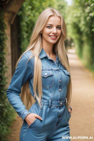 A european woman, smiling, 20 years old, blue eyes, long blond hair, very messy hair, lips, jean jumpsuit, full body view, slefie, outside - ai-porn.ai on pornintellect.com