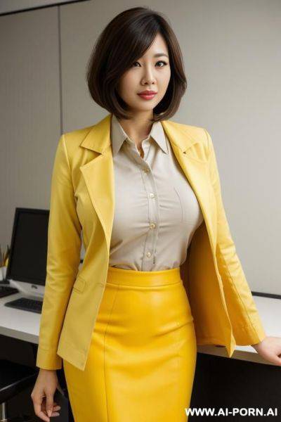 Doctor coat, yellow office shirt, pencil skirt, medium length bobcut - ai-porn.ai on pornintellect.com