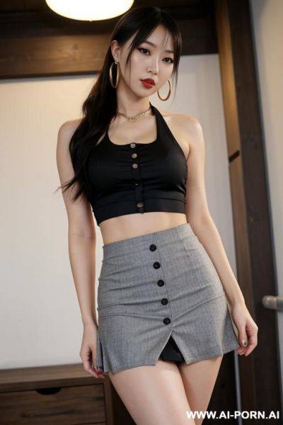 Jungle river, tight casual clothes, kawaii, extremely pretty, makeup, full lips, button nose, flowing hair, hoop earrings, big round boobs, tight waist, bondage pose with outfit of a bdsm - ai-porn.ai on pornintellect.com