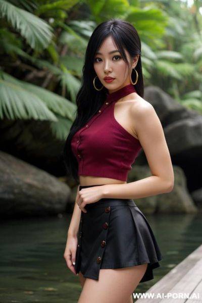 Jungle river, tight casual clothes, kawaii, extremely pretty, makeup, full lips, button nose, flowing hair, hoop earrings, big round boobs, tight waist, stare bdsm - ai-porn.ai on pornintellect.com
