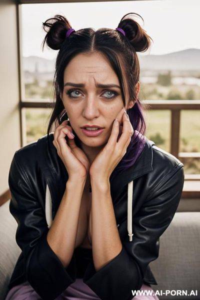 ((topless)), pretty face, firm breasts, inviting eyes, necklace, wide hips, thick thighs, light tan, detailed face, soft seductive smile, perfect nipples, (rodeo hat), (scenic patio), (at a ranch), (overcast day), (even lighting), (hairy pussy) - ai-porn.ai on pornintellect.com