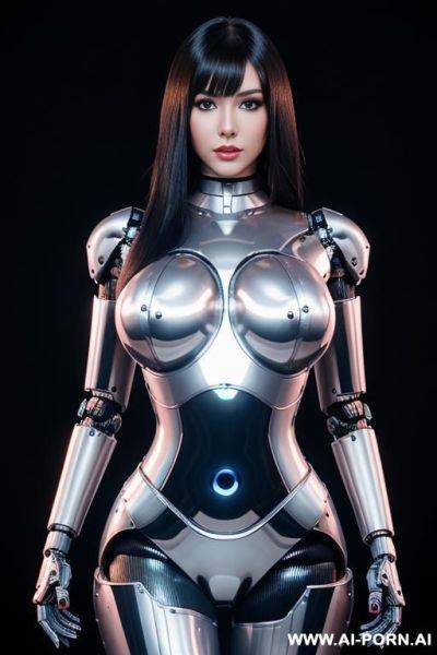 (robot total artificial robot body woman) with long black hair and black glossy gold metall threads, glowing blue robotic eyes, and a light natural pink complexion. her body is entirely - ai-porn.ai on pornintellect.com