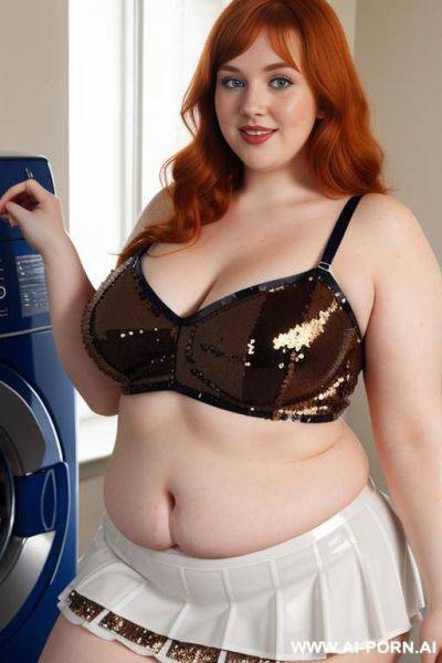 Half-length photo, ((half body photo shot close up)). as a set in the laundry area, a (((obese))) fat chubby fat thick and bbw redhead british, ((she is washing clothes)). she has some - ai-porn.ai - Britain on pornintellect.com