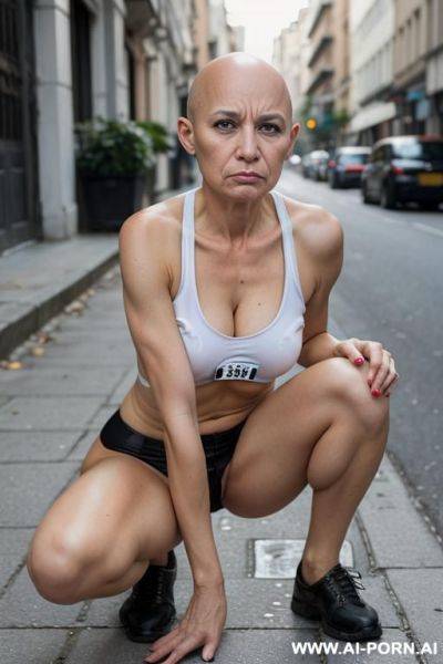 Woman naked on the street with breasts and bald pussy she sucks cock squatting on the street - ai-porn.ai on pornintellect.com