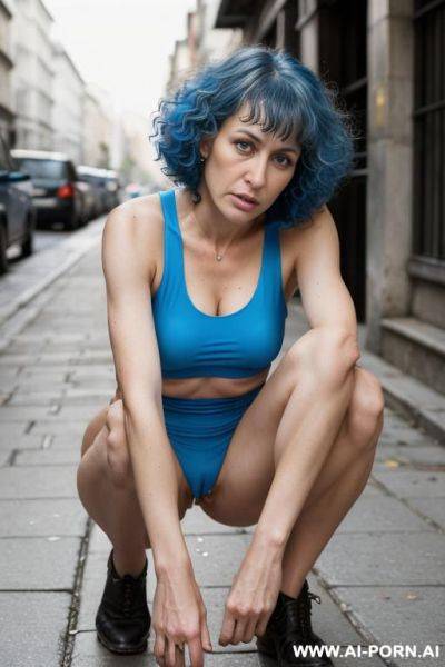 Woman 20 years old naked on the street with breasts and bald pussy she sucks cock squatting on the street and blue curly haire - ai-porn.ai on pornintellect.com