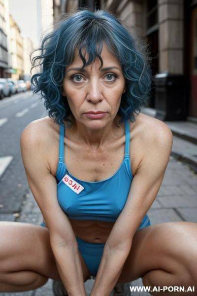 Woman 1d old naked on the street with breasts and bald pussy she sucks cock squatting on the street and blue curly haire - ai-porn.ai on pornintellect.com