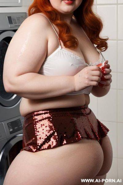 Half-length photo, ((half body photo shot close up)). as a set in the laundry area, a (((very obese))) fat chubby fat thick and bbw redhead british, ((she is washing clothes)). she has - ai-porn.ai - Britain on pornintellect.com