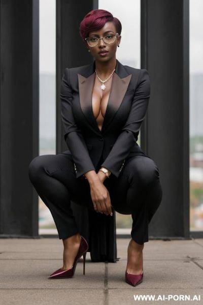 Hot sexy tall woman dark skin huge tits (pixie haircut) glasses (high heels) ( suit) - ai-porn.ai on pornintellect.com