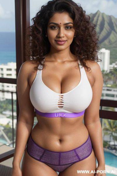 (sports bra), (gorgeous), beautiful eyes, (big full lips), big nose, (beautiful), (lean) ((photorealistic)) (tanned indian), ((ultra detailed photo)), ((hyper realistic photo)), ((busty)), (balcony, hawaii in the background) - ai-porn.ai - India on pornintellect.com