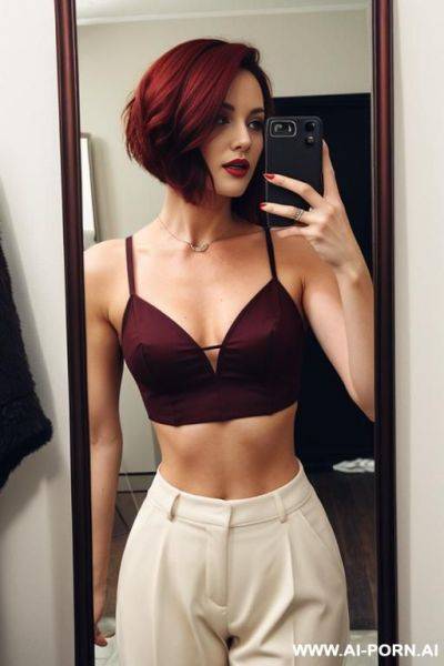 Dark red hair, short hair, crop top, mirror shot - ai-porn.ai on pornintellect.com