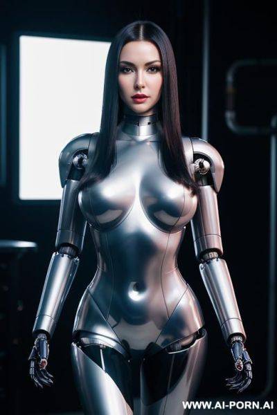 (robot total artificial robot body woman) with long black hair and black glossy gold metall threads, glowing blue robotic eyes, and a light natural pink complexion. her body is entirely - ai-porn.ai on pornintellect.com