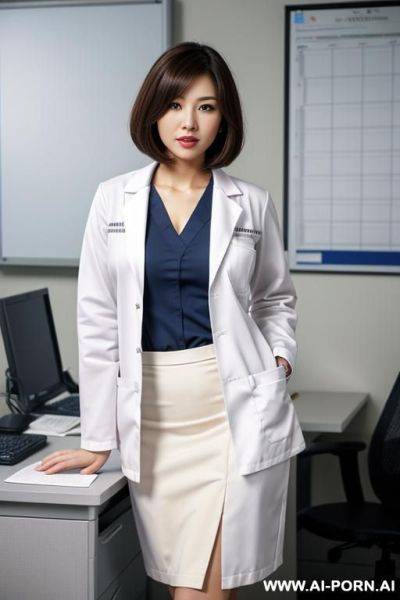 Lab coat, office shirt, pencil skirt, medium length bobcut - ai-porn.ai on pornintellect.com