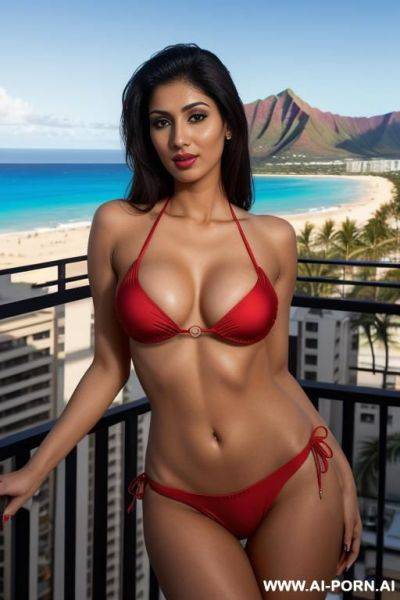 (red spandex push up bikini), (gorgeous), beautiful eyes, (big full lips), big nose, (beautiful), (lean) ((photorealistic)) (punjabi), ((ultra detailed photo)), ((hyper realistic photo)), (balcony, hawaii in the background) - ai-porn.ai on pornintellect.com