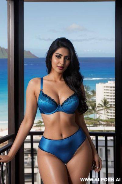(blue spandex push up bra), (gorgeous), beautiful eyes, (big full lips), big nose, (beautiful), (lean) ((photorealistic)) (punjabi), ((ultra detailed photo)), ((hyper realistic photo)), (balcony, hawaii in the background) - ai-porn.ai on pornintellect.com