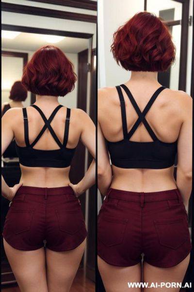 Dark red hair, short hair, crop top, shorts, mirror shot, ass - ai-porn.ai on pornintellect.com