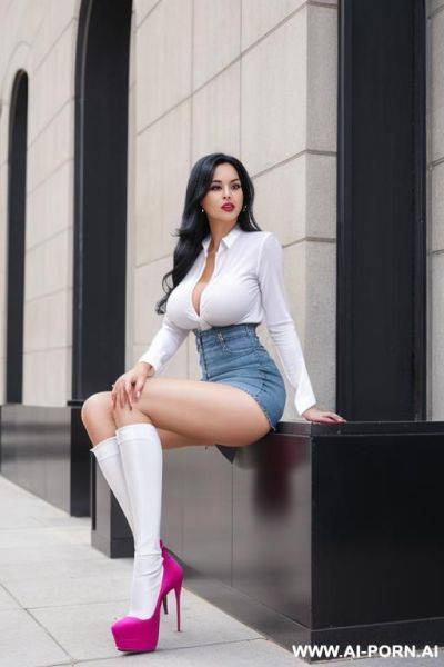 Hot sexy tall woman white skin huge tits (long wavy black hair) (high heels) denim long skirt (knee stockings) huge ass - ai-porn.ai on pornintellect.com