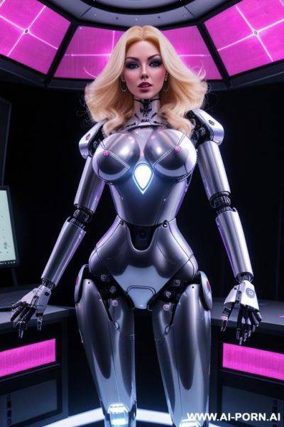 Sexbot, front view, full body view, standing, hands on spaceship control desk, looking at viewer, beautiful seductive human face with tanned silicone skin, long straight blonde hair, big lips, wide - ai-porn.ai on pornintellect.com