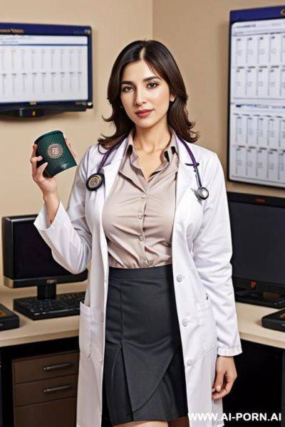 (((k cup boobs))), office shirt, lab coat, skirt - ai-porn.ai on pornintellect.com