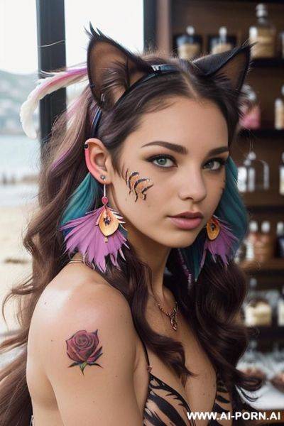 Face, ((sexy)), beautiful, ((tiger face)), ((split hair color in 2)), ((percing nose)), ((face painting)), ((bikini as seashell)), ((tattoo roses)), ((eyes shw)), ((angel wings)), ((rainbow hair)), ((one - ai-porn.ai on pornintellect.com