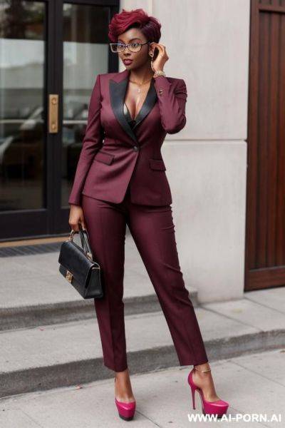 Hot sexy tall woman dark skin huge tits pixie hair (very high platform heels) glasses (suit) - ai-porn.ai on pornintellect.com