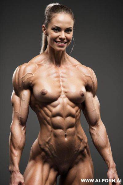 (gray background), (((nude cammy from street fighter))), (view increasing muscle size and definition), (naked), (nude), (shortest most muscular white woman only), ((short)), ((very white pallid skin)), - ai-porn.ai on pornintellect.com