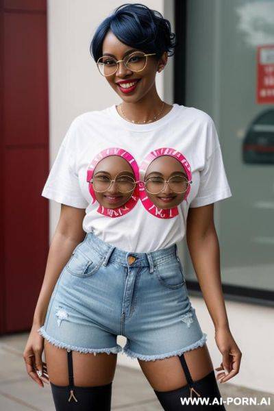 Hot sexy tall woman dark skin huge tits pixie hair glasses (denim shorts) (knee stockings) (oversized t-shirt) (sneakers) - ai-porn.ai on pornintellect.com