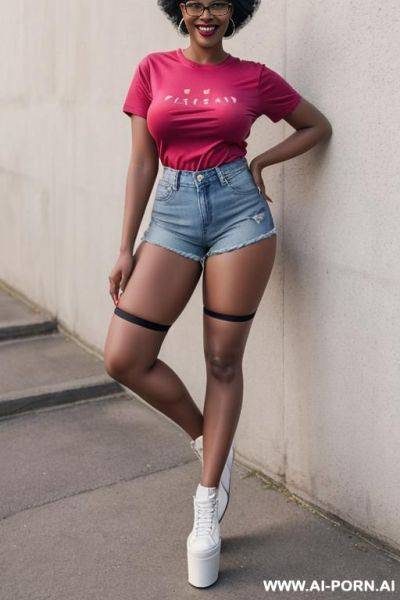 Hot sexy tall woman dark skin huge tits pixie hair (very high platform heels) glasses (denim shorts) (knee stockings) (oversized t-shirt) (sneakers) - ai-porn.ai on pornintellect.com