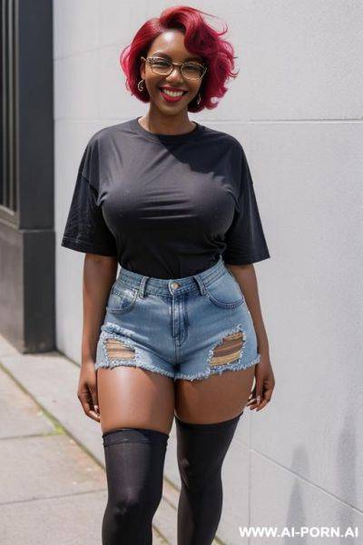Hot sexy tall woman dark skin huge tits pixie hair glasses (denim shorts) (knee stockings) ( big oversized t-shirt over the shorts ) (sneakers) - ai-porn.ai on pornintellect.com