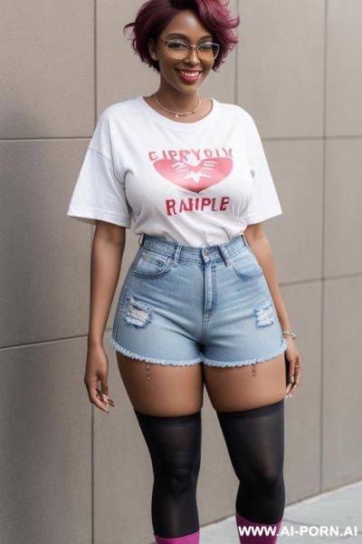 Hot sexy tall woman dark skin huge tits pixie hair glasses (denim shorts) (knee stockings) ( big oversized t-shirt over the shorts ) (sneakers) (full body wiew) - ai-porn.ai on pornintellect.com