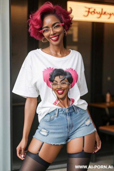 Hot sexy tall woman dark skin huge tits pixie hair glasses (denim shorts) (knee stockings) ( big oversized t-shirt) (sneakers) - ai-porn.ai on pornintellect.com